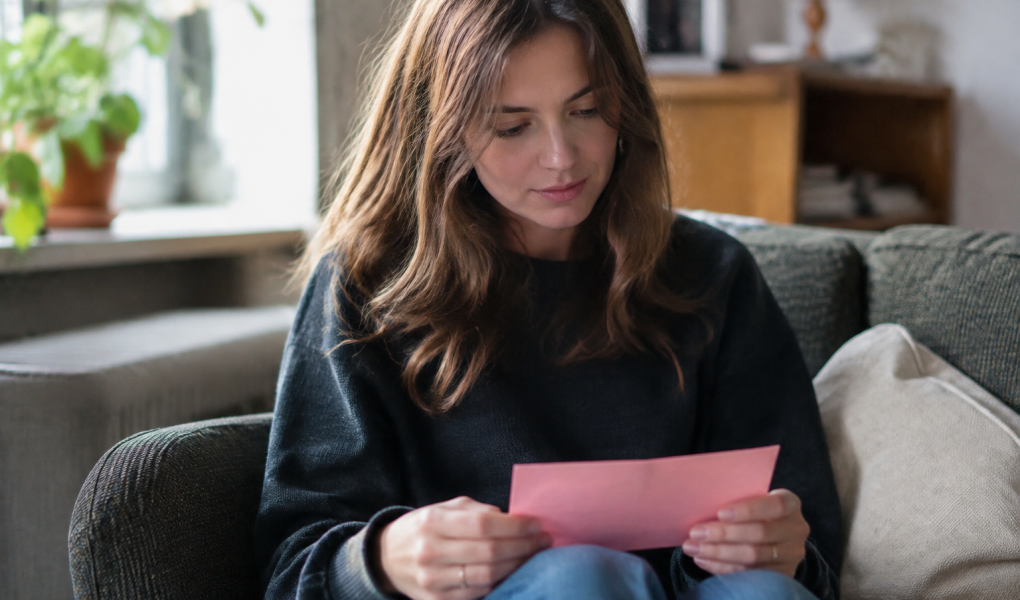 femme assise tenant une lettre rose sur ses genoux