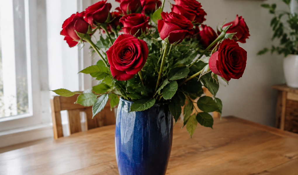 Bouquet de roses rouges dans un vase bleu