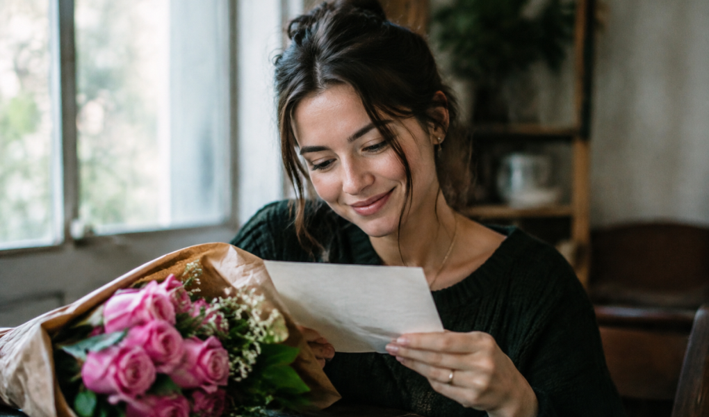 Femme tenant lettre manuscrite pres fleurs roses