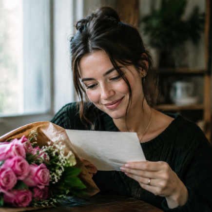 Femme tenant lettre manuscrite pres fleurs roses