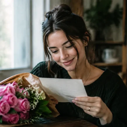 Femme tenant lettre manuscrite pres fleurs roses