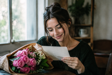Femme tenant lettre manuscrite pres fleurs roses