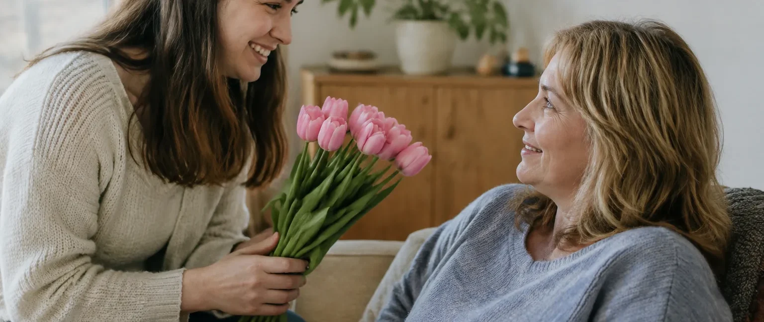 Fille offrant tulipes roses a sa mere assise