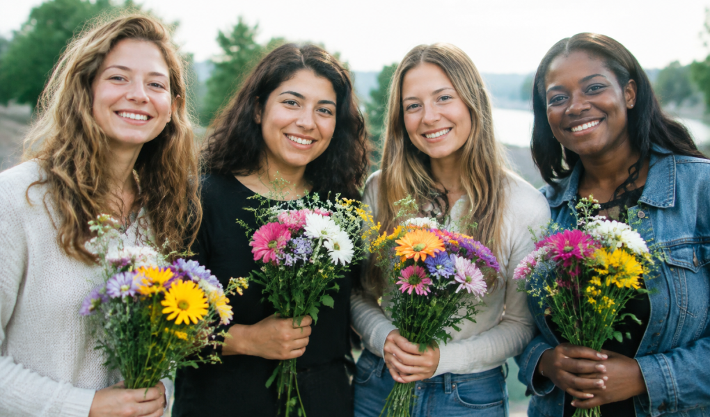 Groupe femmes debout tenant fleurs multicolores