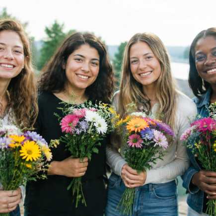 Groupe femmes debout tenant fleurs multicolores