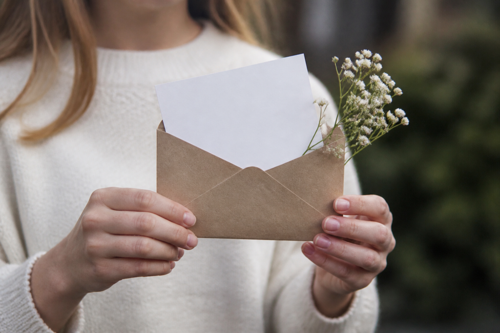Main tenant lettre avec citation ecrite et fleurs