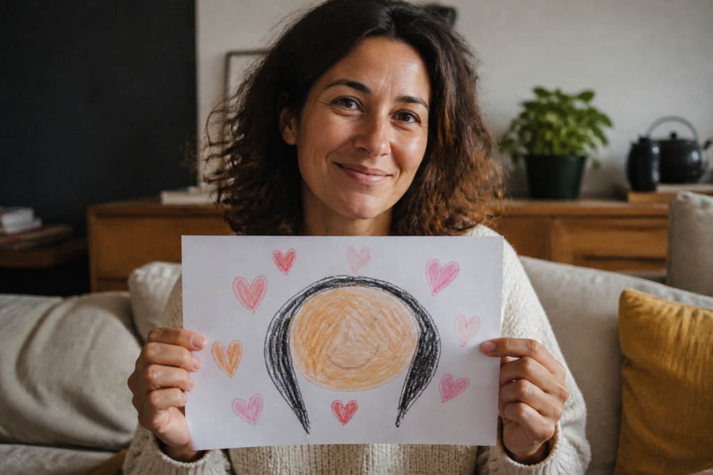 Mere souriante tenant une carte dessinee par son enfant