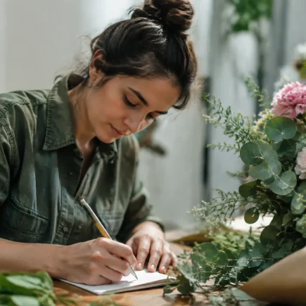 Personne ecrivant un message pres de fleurs