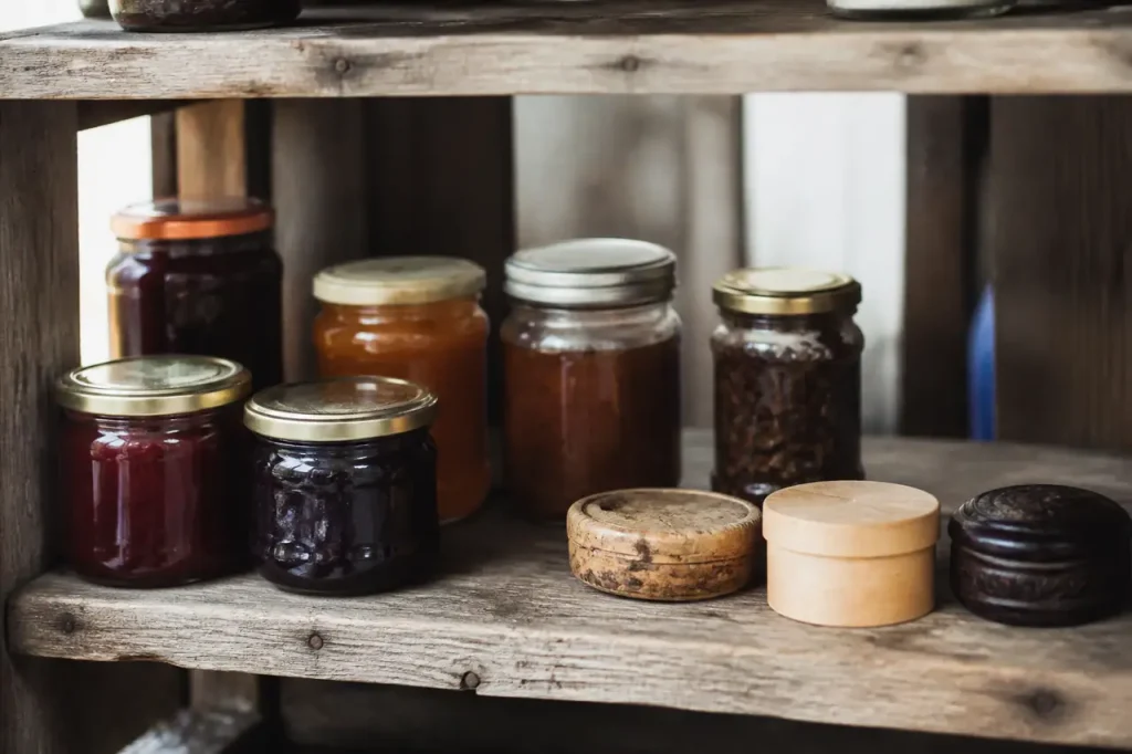 Pots de confiture et petites boites rondes sur bois